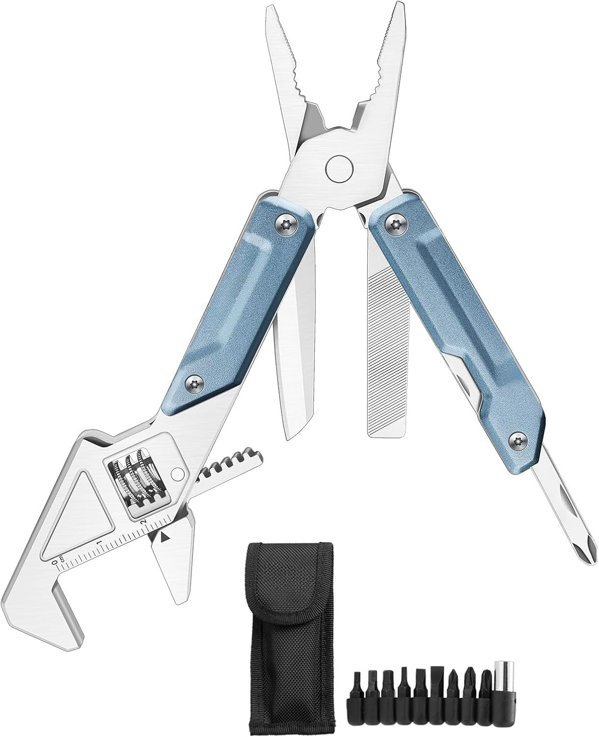 W2 Multi-tool with Adjustable Wrench, 8-in-1 EDC Tool | Wide Jaw Opening Wrench, Multitool pliers, Safety Locking, 9 bits set, Easy to Carry for Cycling, Outdoor, Repairs