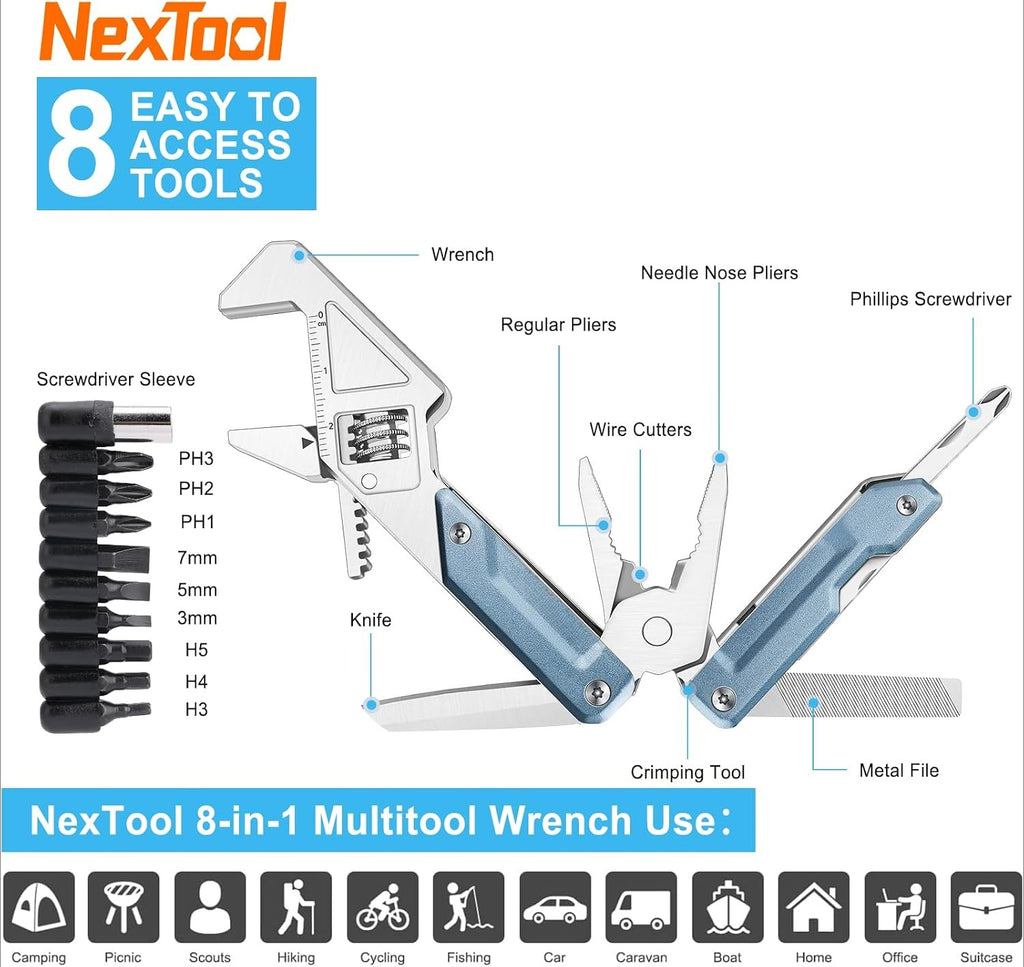 W2 Multi-tool with Adjustable Wrench, 8-in-1 EDC Tool | Wide Jaw Opening Wrench, Multitool pliers, Safety Locking, 9 bits set, Easy to Carry for Cycling, Outdoor, Repairs