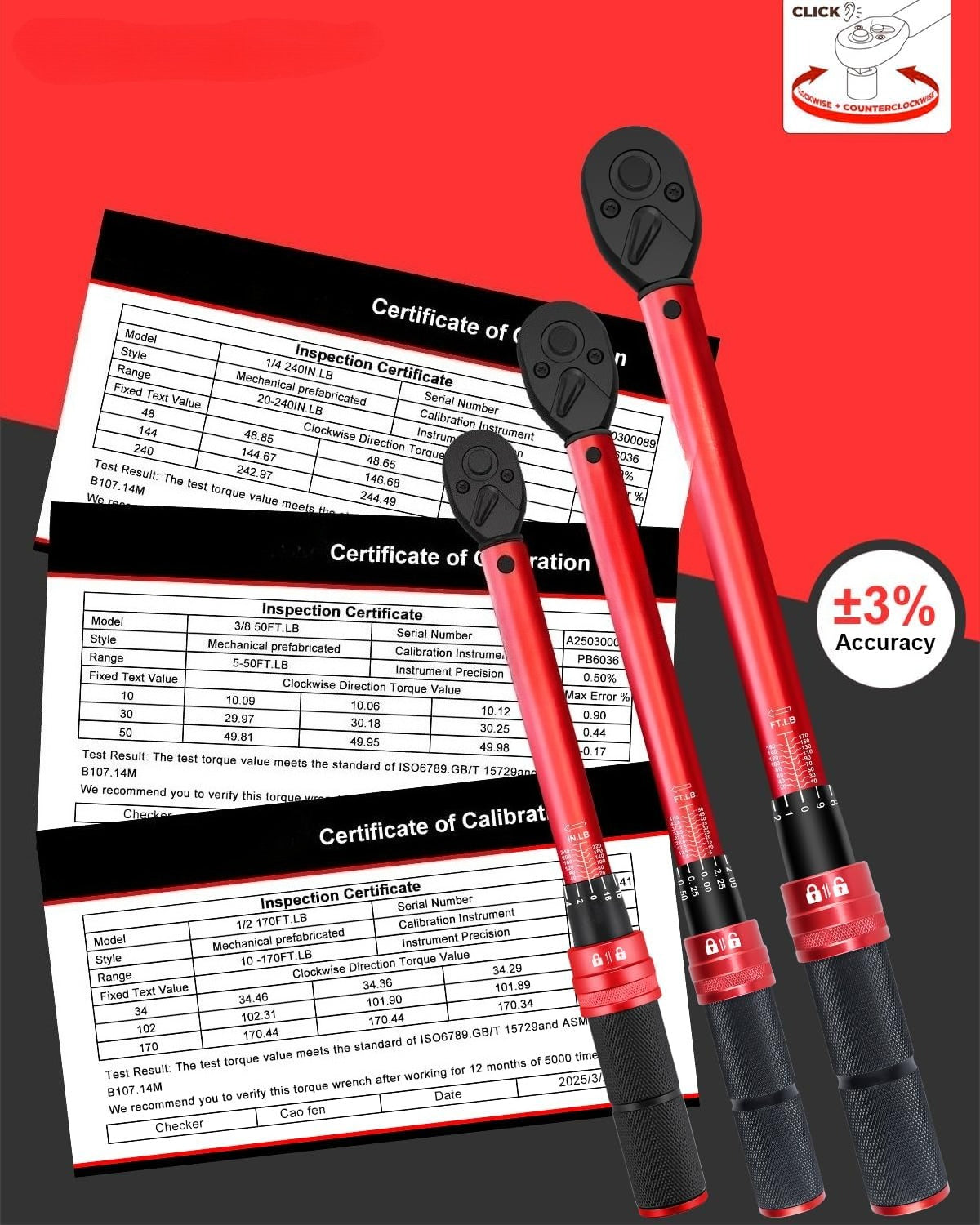 Torque Wrench Set-1/4 20–240 in-LB, 3/8" 5–50 ft-lb,1/2" 10–170 ft-lb with 3 Socket Adapters,±3% Accuracy, Dual Scale, 72-Tooth, Dual-Direction for Car, Bike, Motorcycle Repair Maintenance