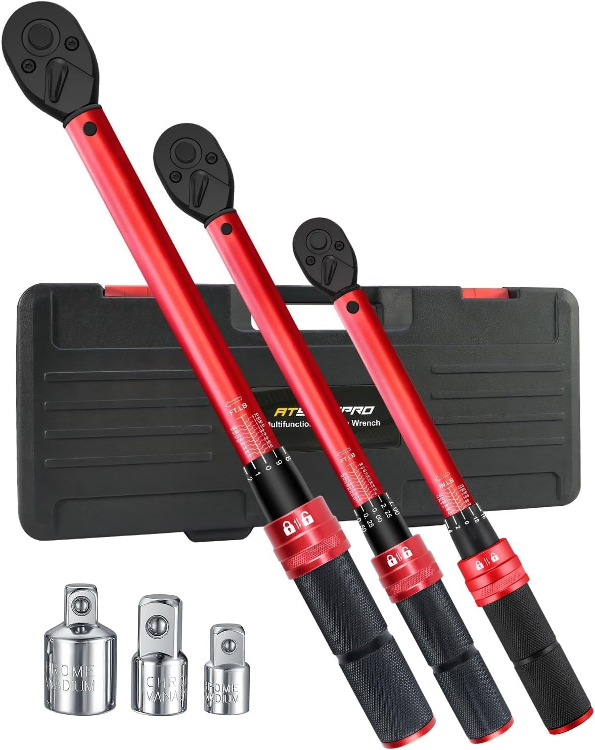 Torque Wrench Set-1/4 20–240 in-LB, 3/8" 5–50 ft-lb,1/2" 10–170 ft-lb with 3 Socket Adapters,±3% Accuracy, Dual Scale, 72-Tooth, Dual-Direction for Car, Bike, Motorcycle Repair Maintenance