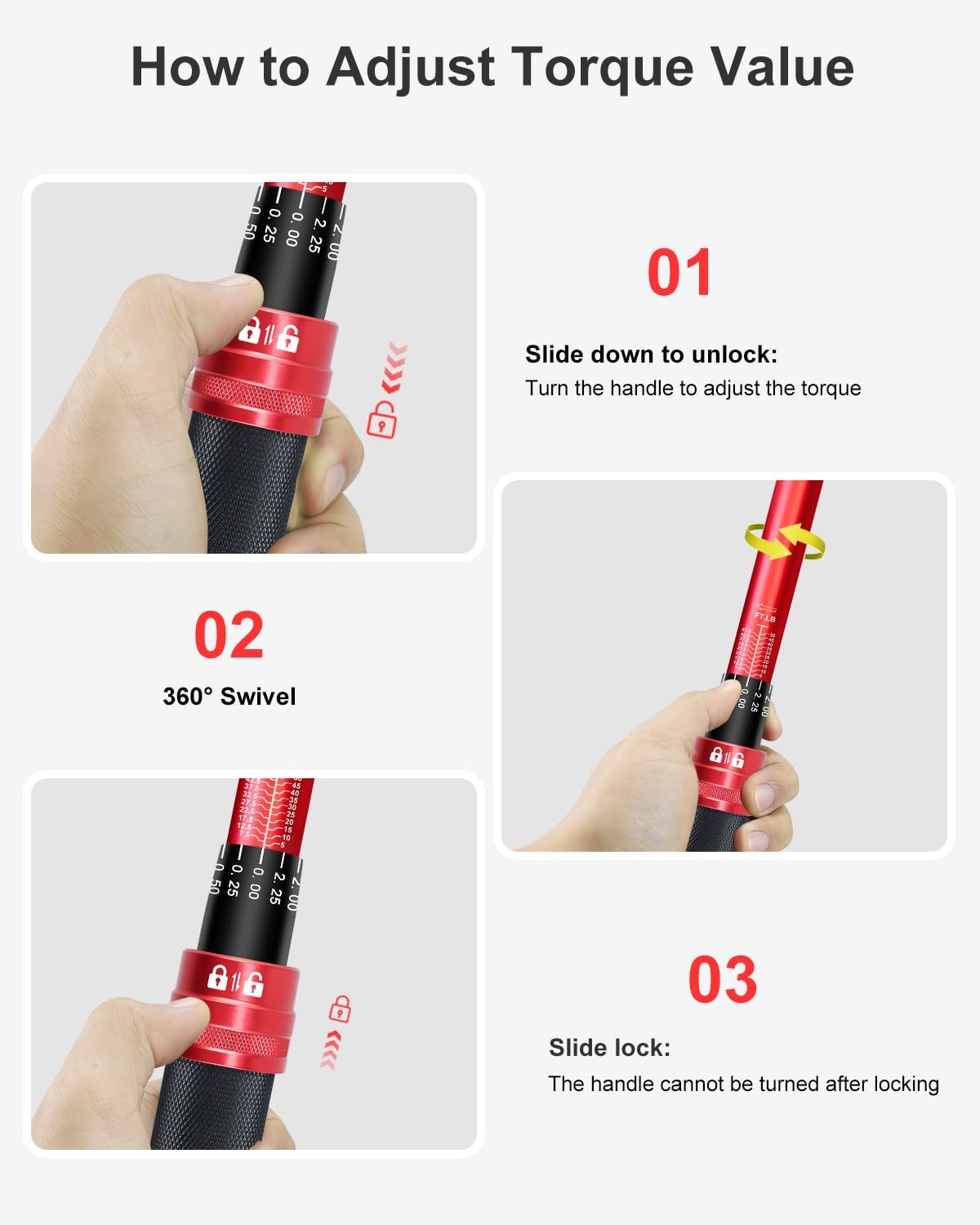 Torque Wrench Set-1/4 20–240 in-LB, 3/8" 5–50 ft-lb,1/2" 10–170 ft-lb with 3 Socket Adapters,±3% Accuracy, Dual Scale, 72-Tooth, Dual-Direction for Car, Bike, Motorcycle Repair Maintenance