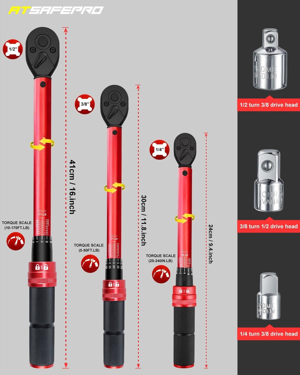 Torque Wrench Set-1/4 20–240 in-LB, 3/8" 5–50 ft-lb,1/2" 10–170 ft-lb with 3 Socket Adapters,±3% Accuracy, Dual Scale, 72-Tooth, Dual-Direction for Car, Bike, Motorcycle Repair Maintenance
