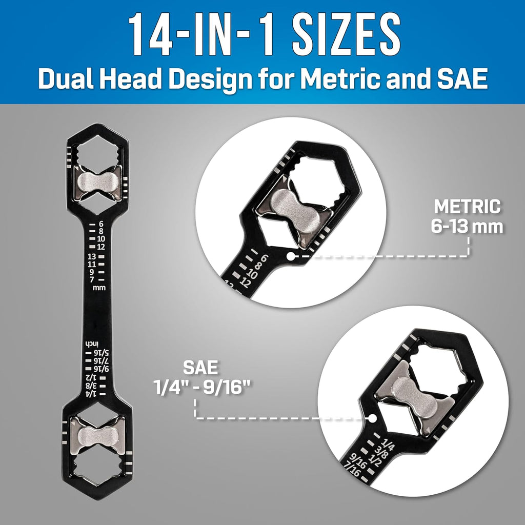 AHW-600 14-In-1 Adjustable Hex Wrench (SAE & Metric) - 6-13mm & 1/4"-9/16"