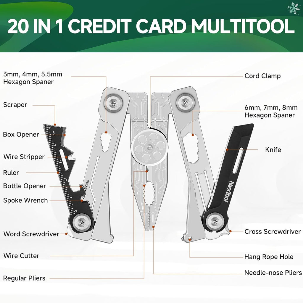 Credit Card Multitool, Silver Blade EDC Tool | 20-in-1 Wallet Tool, Stainless Steel EDC Gear, Knife, Bottle Opener, Hexagon Spanner, Compact, Lightweight, Gifts for Men