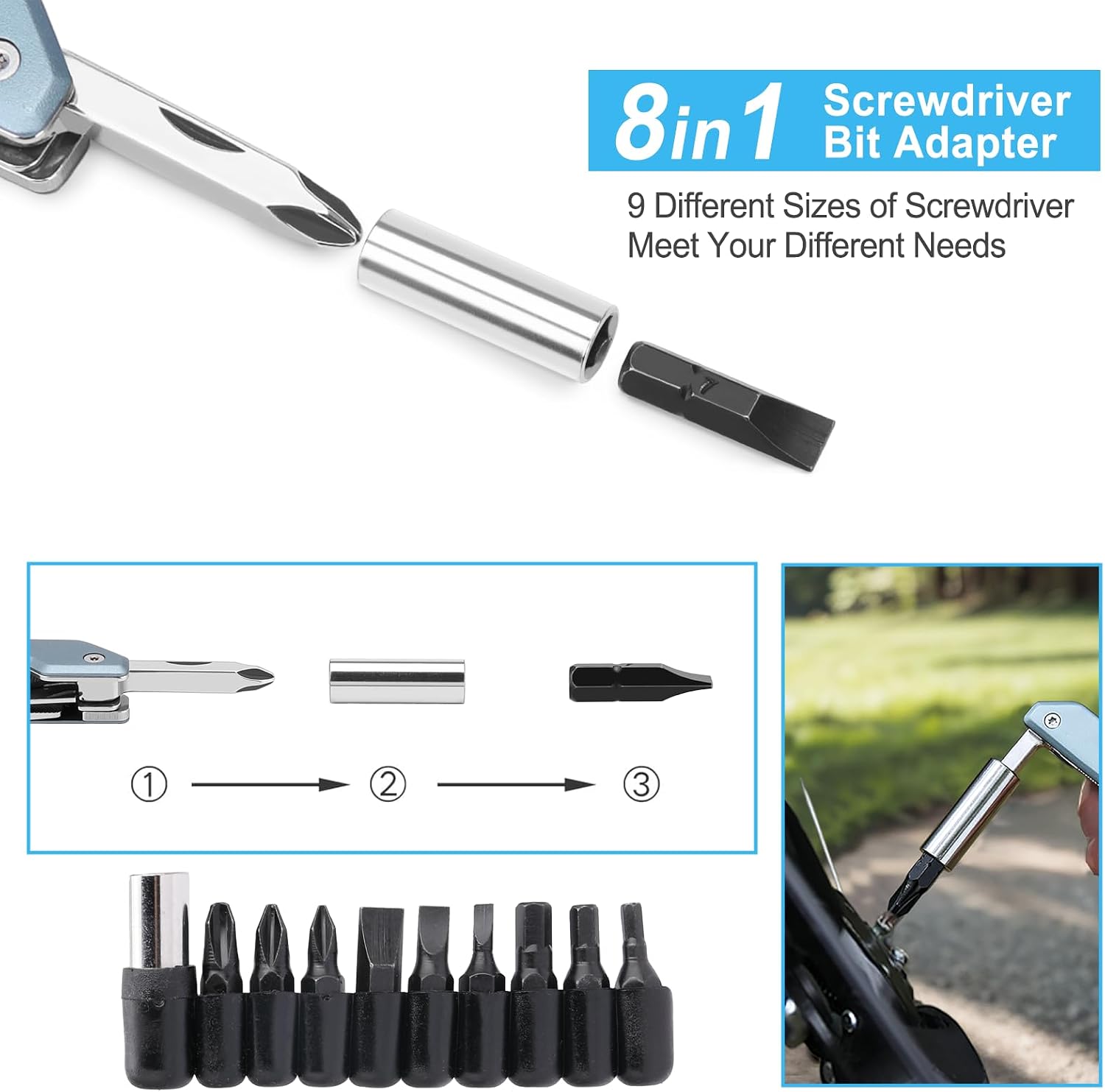 W2 Multi-tool with Adjustable Wrench, 8-in-1 EDC Tool | Wide Jaw Opening Wrench, Multitool pliers, Safety Locking, 9 bits set, Easy to Carry for Cycling, Outdoor, Repairs