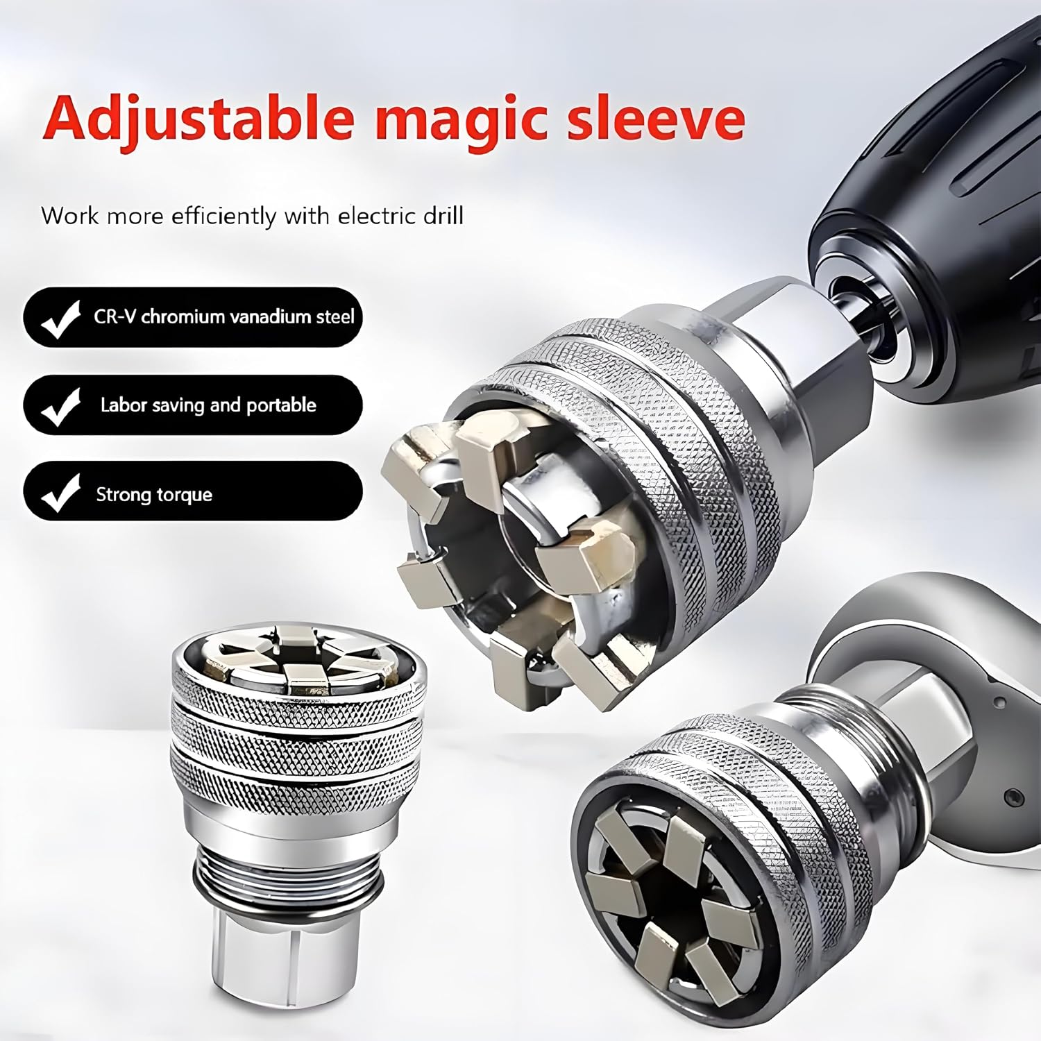 Upgraded Adjustable Universal Socket Wrench, Manual Socket Wrench, Multifunctional Sleeve, 10mm-19mm Universal Sockets Tools for 3/8" Drive Ratchet Torque Wrench and Power Drill