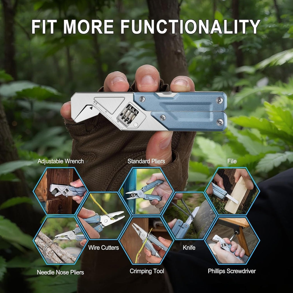 W2 Multi-tool with Adjustable Wrench, 8-in-1 EDC Tool | Wide Jaw Opening Wrench, Multitool pliers, Safety Locking, 9 bits set, Easy to Carry for Cycling, Outdoor, Repairs