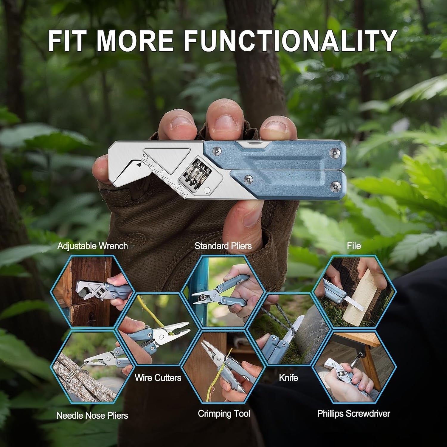 W2 Multi-tool with Adjustable Wrench, 8-in-1 EDC Tool | Wide Jaw Opening Wrench, Multitool pliers, Safety Locking, 9 bits set, Easy to Carry for Cycling, Outdoor, Repairs